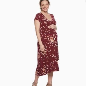 NWOT A:glow maternity wrap dress short sleeve midi - maroon floral .
